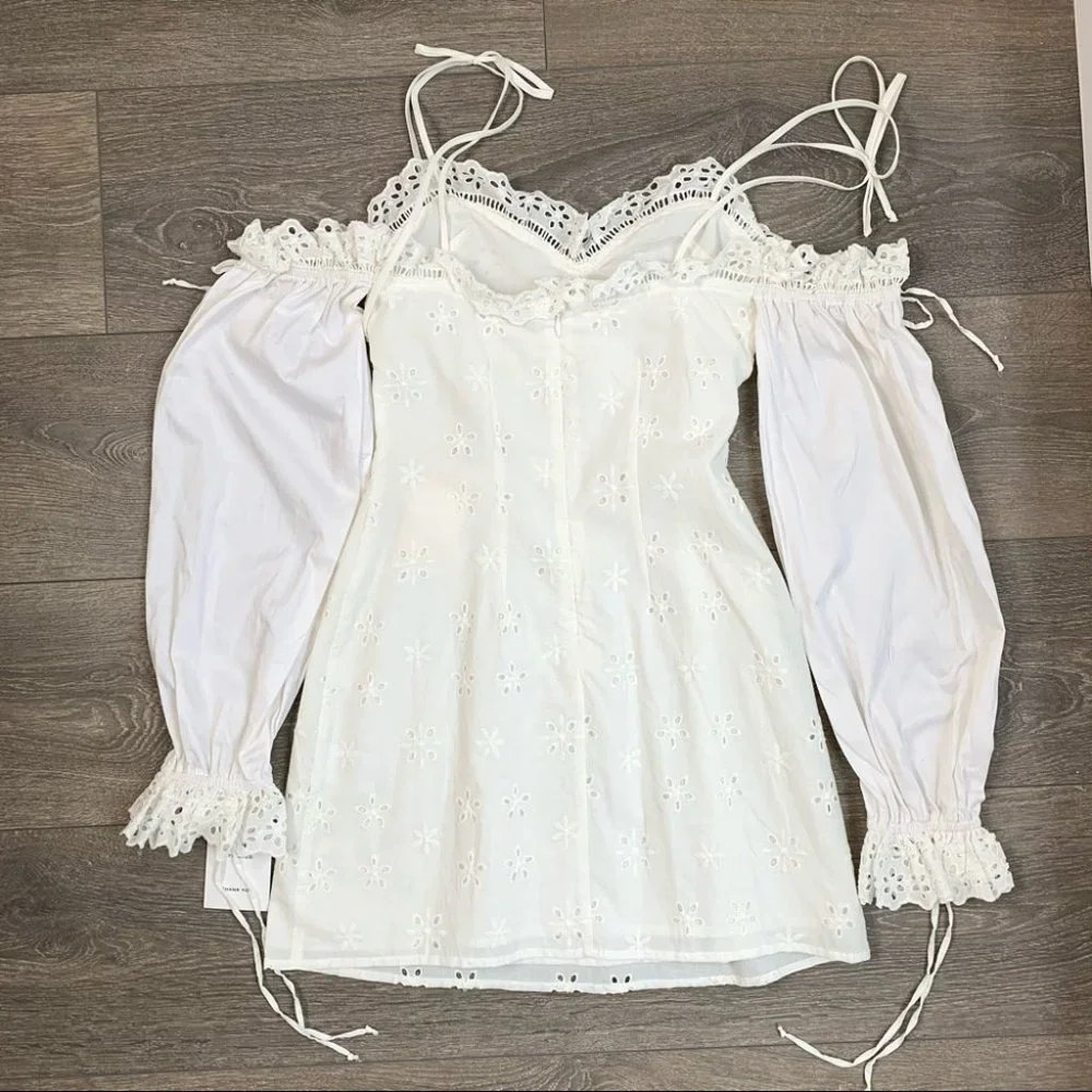 For Love & Lemons Vera Eyelet Ruffle Lace Mini Dress White Size Small - Picture 14 of 16